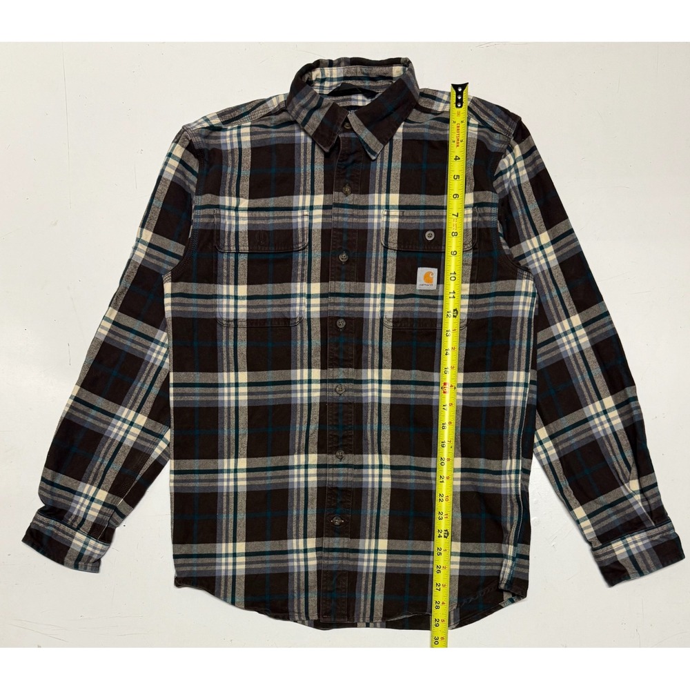 Carhartt Mens Loose Fit Flannel Plaid Button Down Shirt Brown Blue 105078 DKB S